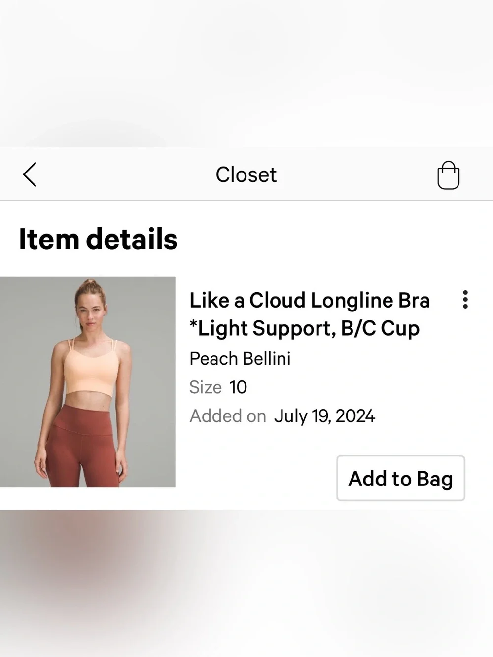 Lululemon size 10 Peach Bellini Like A Cloud Long Line bra B/C cup